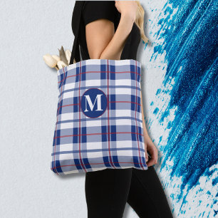 Large, Red, White & Blue Monogram Plaid Tote Bag