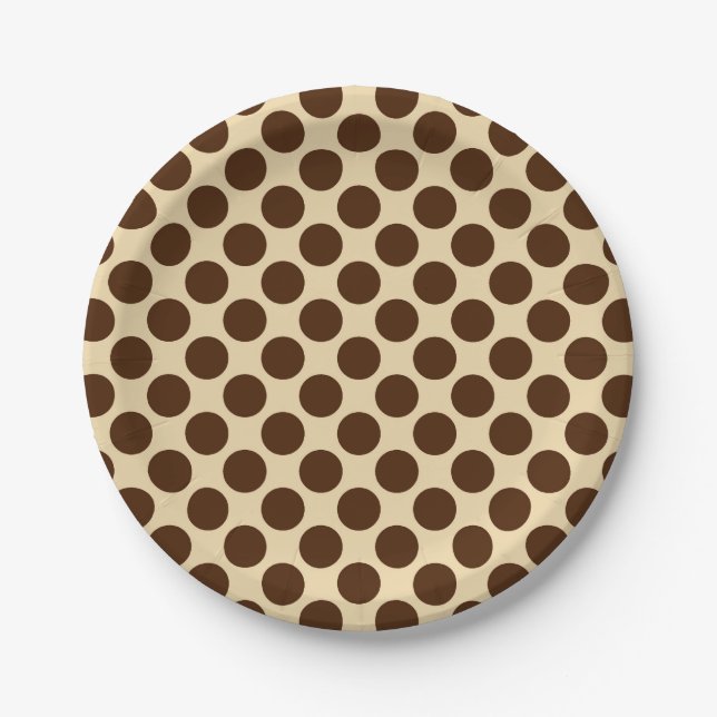Large retro dots - chocolate brown and tan paper plate (Front)