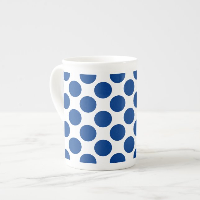 Large retro dots - cobalt blue and white bone china mug (Front Left)