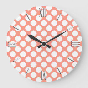 Large retro dots - coral pink and white clock