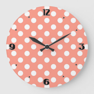 Large retro dots - coral pink and white clock
