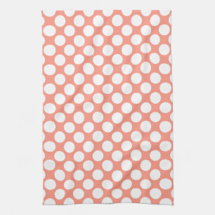 Large retro dots - coral pink and white tea towel
