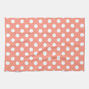 Large retro dots - coral pink and white tea towel