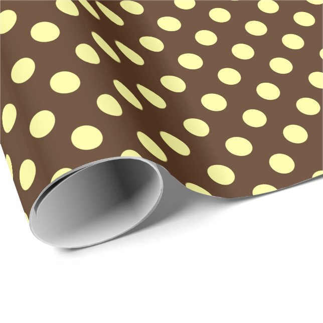 Large retro dots - pale yellow on chocolate wrapping paper (Roll Corner)