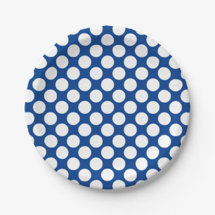 Large retro dots - white and cobalt blue paper plate