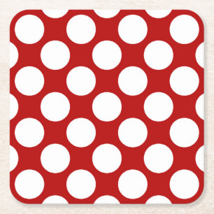 Large retro dots - white and red square paper coaster