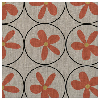Large Retro Peach Floral - Natural Linen Fabric