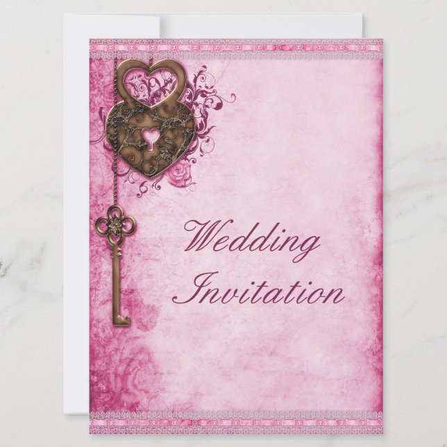 Large Romantic Hearts Lock and Key Pink Wedding Invitation (Front)