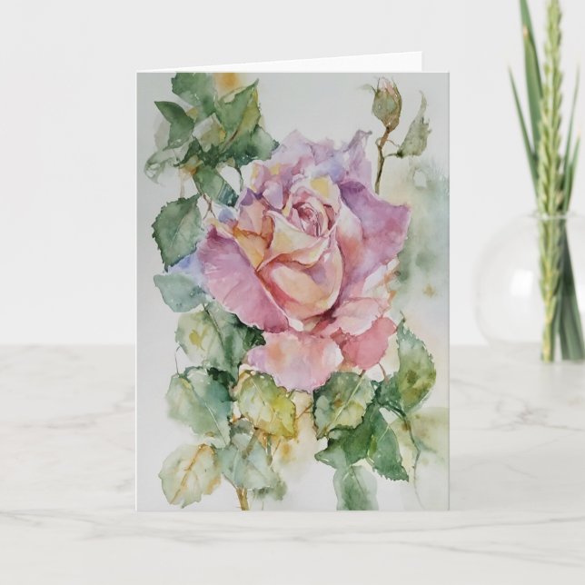 Large Rose In Watercolors Card (Front)