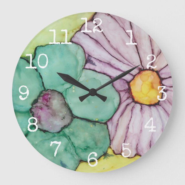 Large Round Clock "Flowers Ink 2" (Front)