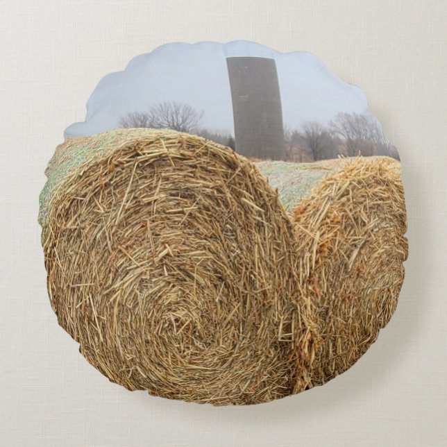 Large Round Hay Bales in a Farm Field Cushion (Front)