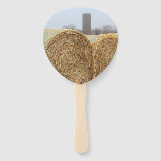 Large Round Hay Bales in a Farm Field Hand Fan (Front)