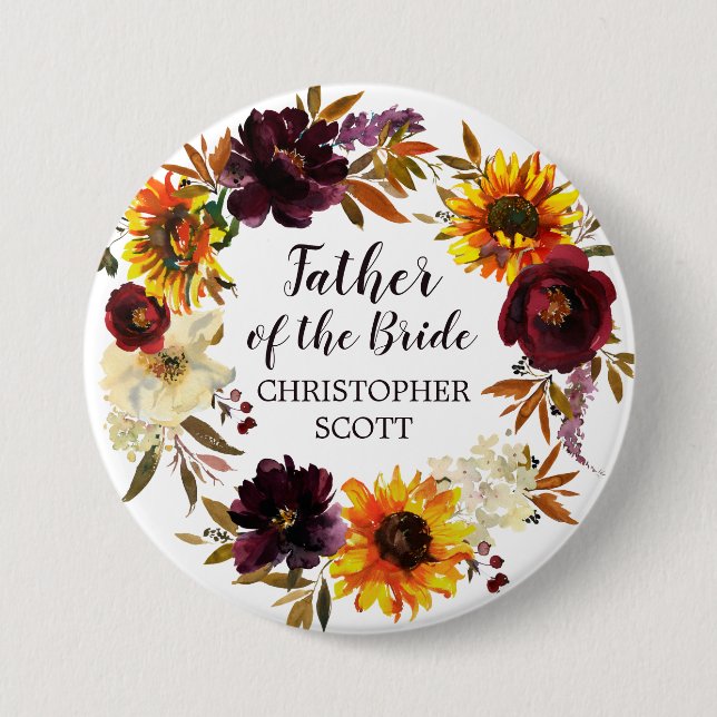 Large Rustic Autumn Floral Father of the Bride 7.5 Cm Round Badge (Front)