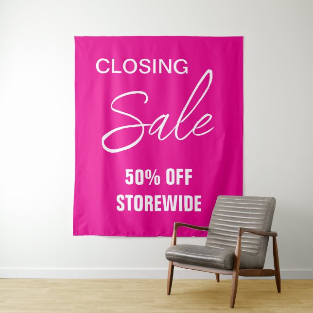 Large Sale Sign, Pink Sale Sign, Closing Sale Tapestry (In Situ)