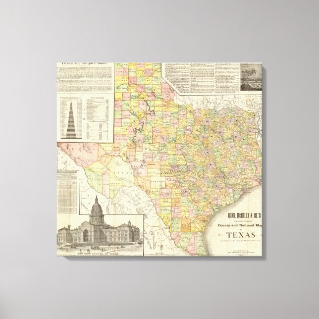 Large Scale County and Railroad Map Of Texas Canvas Print (Front)