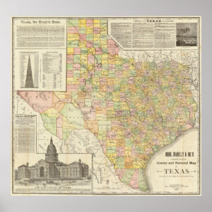 Large Scale County and Railroad Map Of Texas Poster