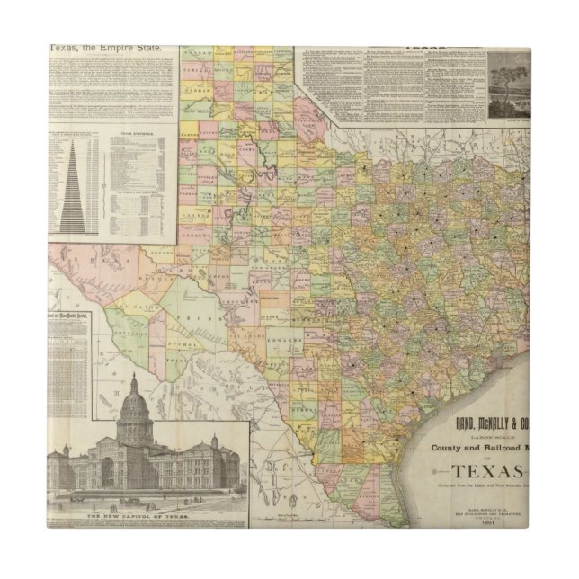 Large Scale County and Railroad Map Of Texas Tile (Front)