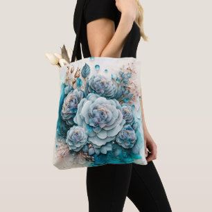 Large Scale Turquoise and Gold Roses Tote Bag