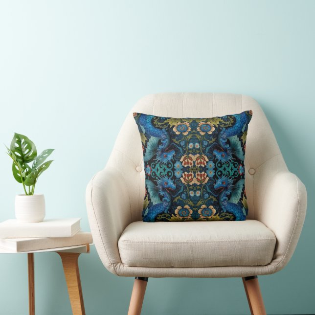 Large Scale Vintage Blue Dragon Botanical  Cushion (Chair)