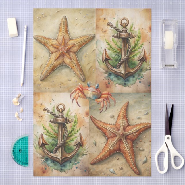 Large Scenic Starfish, Anchors & Crab Decoupage Tissue Paper (Craft)