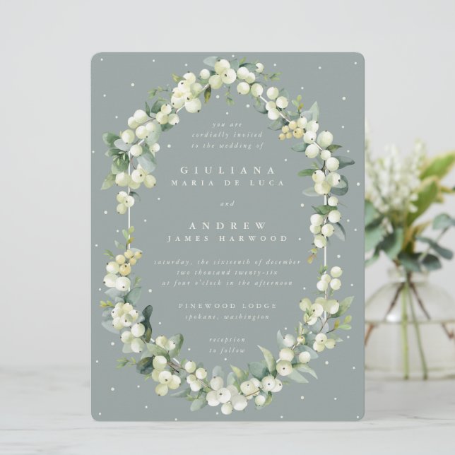 Large Seafoam Green Snowberry + Eucalyptus Wedding Invitation (Standing Front)