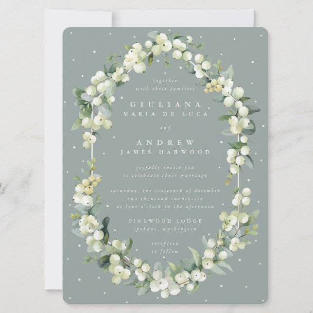 Large Seafoam Green Snowberry + Eucalyptus Wedding Invitation (Front)