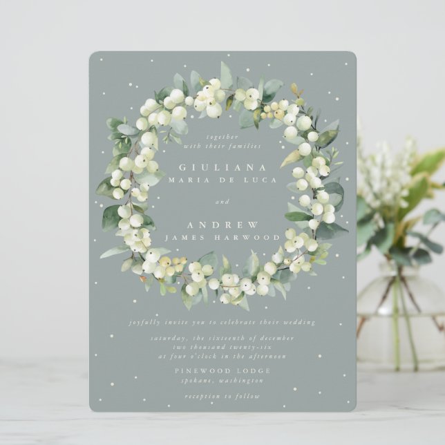 Large Seafoam Snowberry+Eucalyptus Wreath Wedding Invitation (Standing Front)