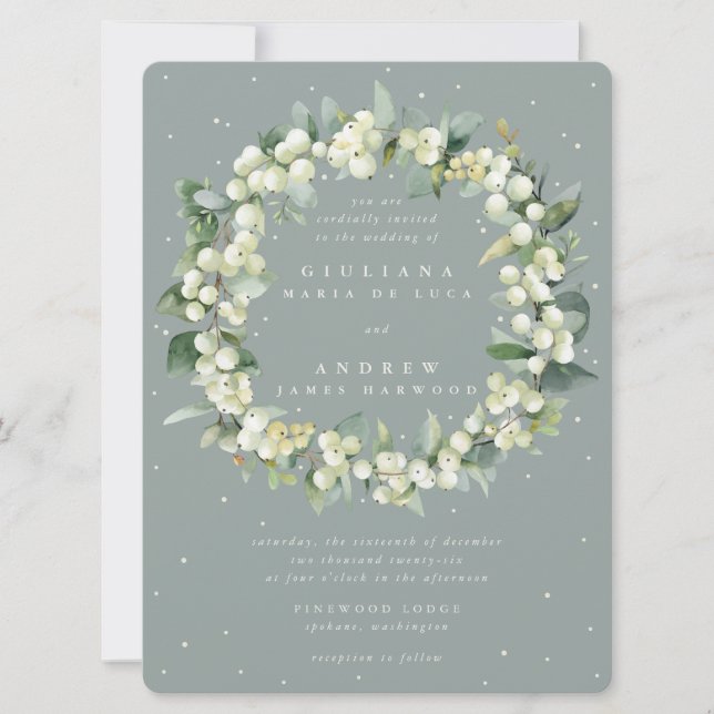 Large Seafoam Snowberry+Eucalyptus Wreath Wedding Invitation (Front)