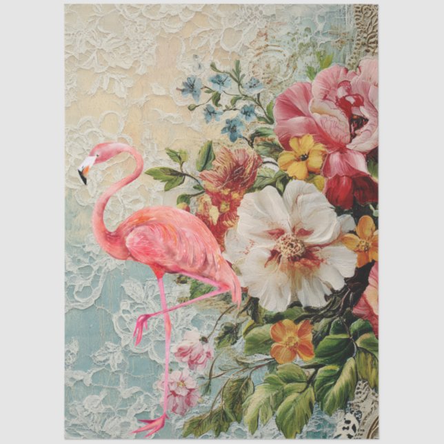 Large Shabby Chic Pink Flamingo Floral Decoupage  Tissue Paper (Front)