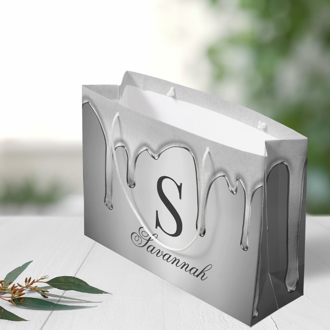 Large Silver Chrome Drips Liquid Metal Monogram Large Gift Bag (Large Silver Chrome Drips Liquid Metal Monogram Large Gift Bag)