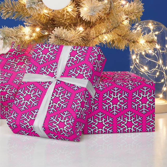 Large Silver Snowflakes on Hot Pink Wrapping Paper (Holidays)