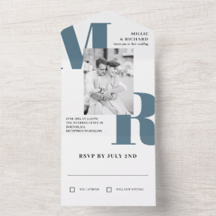 Large Slate Blue Initials Typography Photo Wedding All In One Invitation