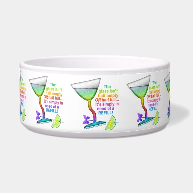 LARGE SNACK or PET BOWL, DISH - GLASS HALF FULL (Front)