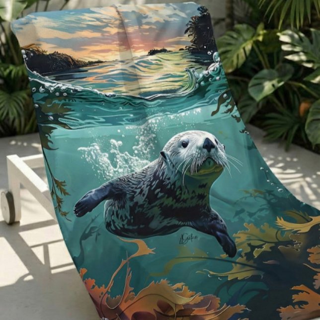 Large & Soft Cute Colourful Sea Otter Beach Towel (Creator Uploaded)