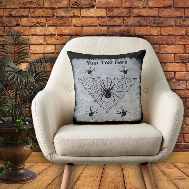 Large Spider Web Black Widow Spiders Black White Cushion (Large spider web black widow spiders red marks on black and white Halloween decorative pillow.)