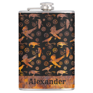 Large Steampunk Colourful Rusty Gears and Crows Hip Flask