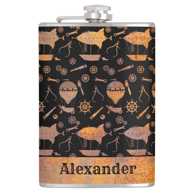 Large Steampunk Rusty Airship Theme Custom Name Hip Flask (Front)