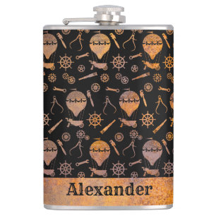 Large Steampunk Rusty Balloons Theme Custom Name Hip Flask