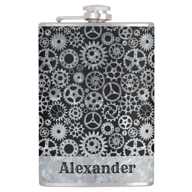 Large Steampunk Silver Zinc Gears Custom Name Hip Flask (Front)