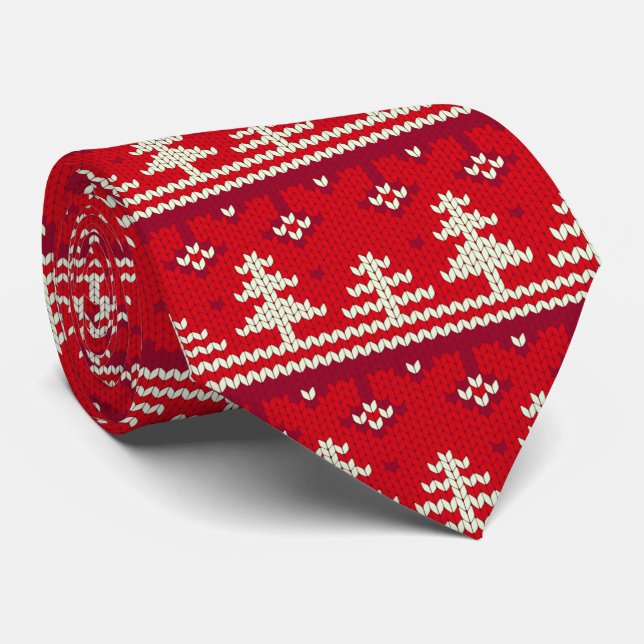 Large Stitch Christmas Sweater Look Red xmas tree Tie (Rolled)