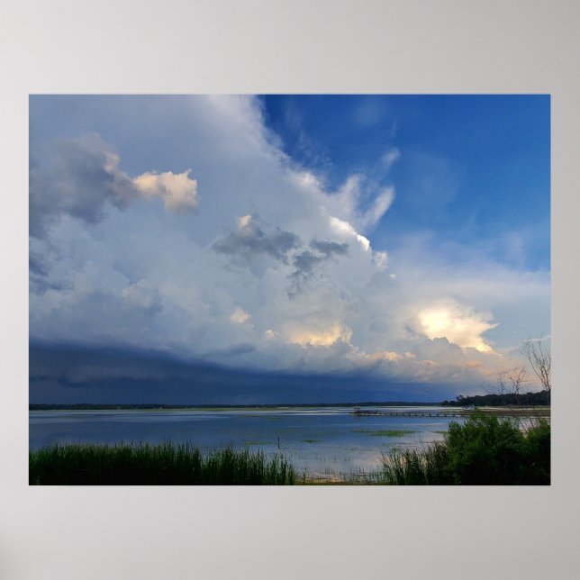 Large Summer Thunderstorm Over Coastal Blue Water Poster (Front)