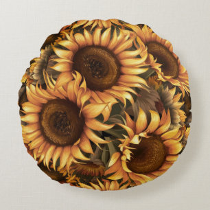 Large Sunflower Flowers Pattern Round Cushion