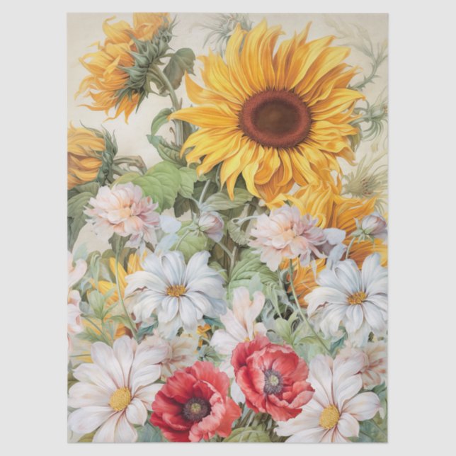 Large Sunflower & Poppies Bouquet Decoupage Tissue Paper (Front)
