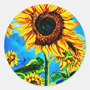 Large Sunflowers Watercolor nature painting   Classic Round Sticker