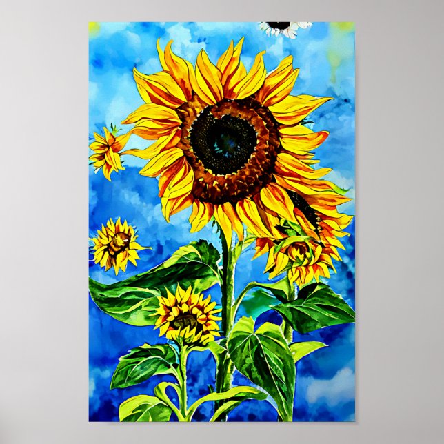 Large Sunflowers Watercolor nature painting Poster (Front)