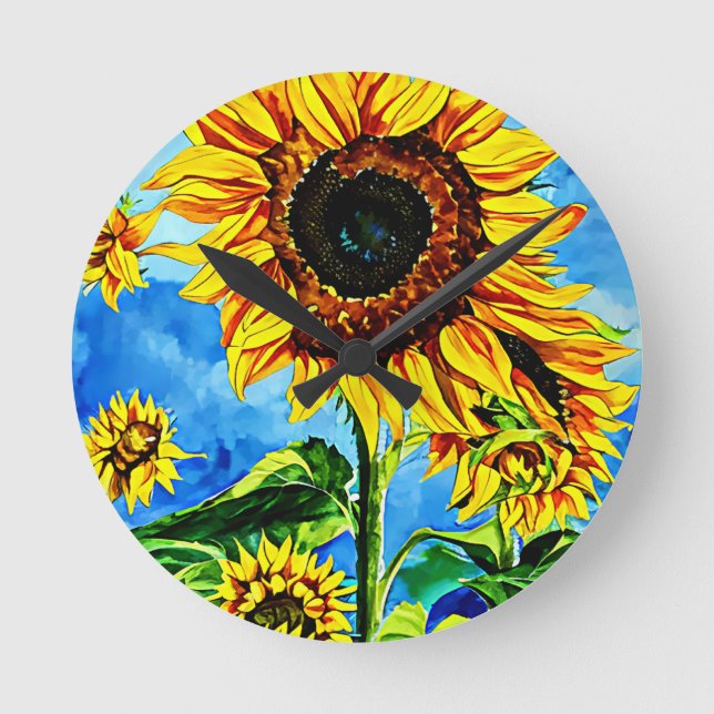 Large Sunflowers Watercolor nature painting  Round Clock (Front)