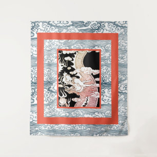 LARGE TAPESTRY W/ DRAGON & JAPANESE WAVE PATTERN