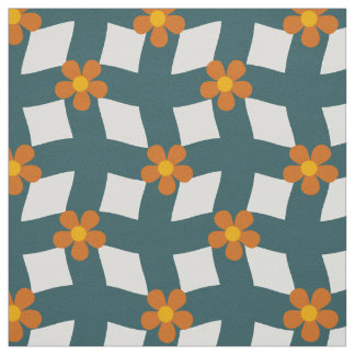 Large Teal Orange Floral Grid Cotton Twill Fabric