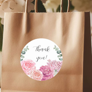 Large Thank you beautiful watercolor pink flowers Classic Round Sticker
