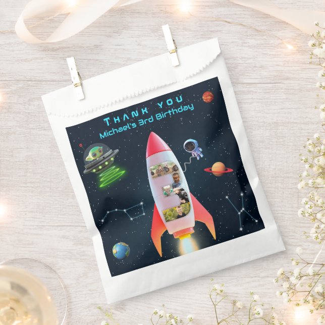Large Three with Photos | 3rd Birthday Rocket Spac Favour Bags (Clipped)